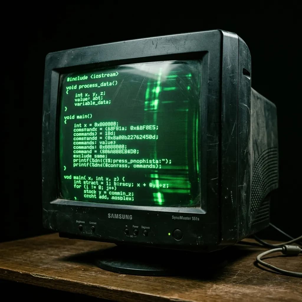 A glowing CRT monitor displaying retro green code in a dark room.