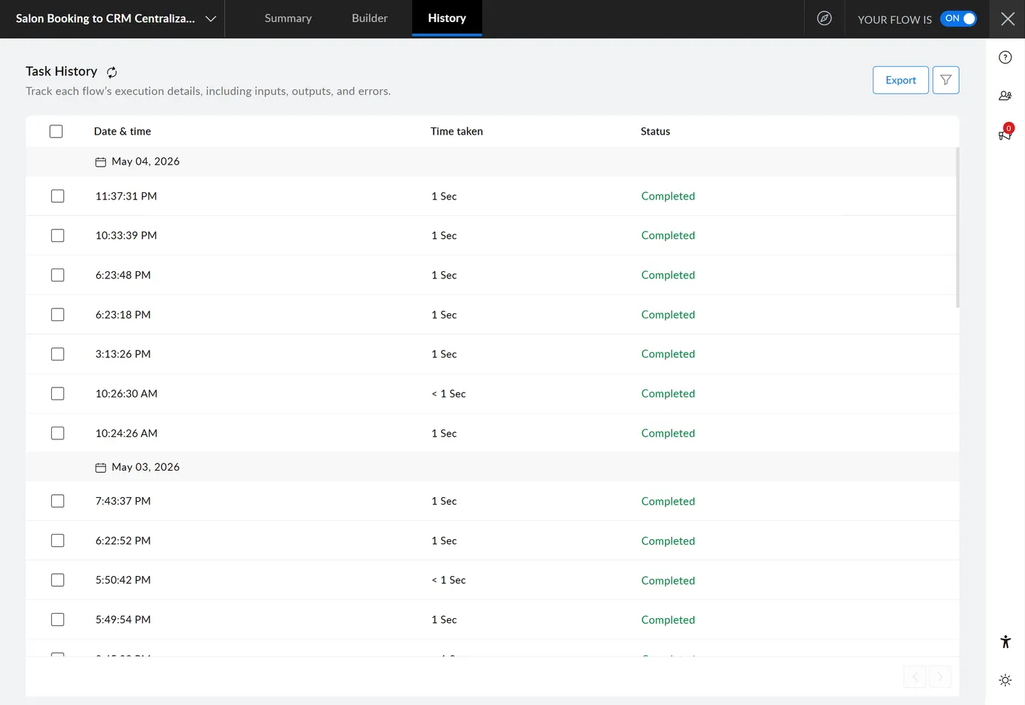Zoho Flow automation dashboard