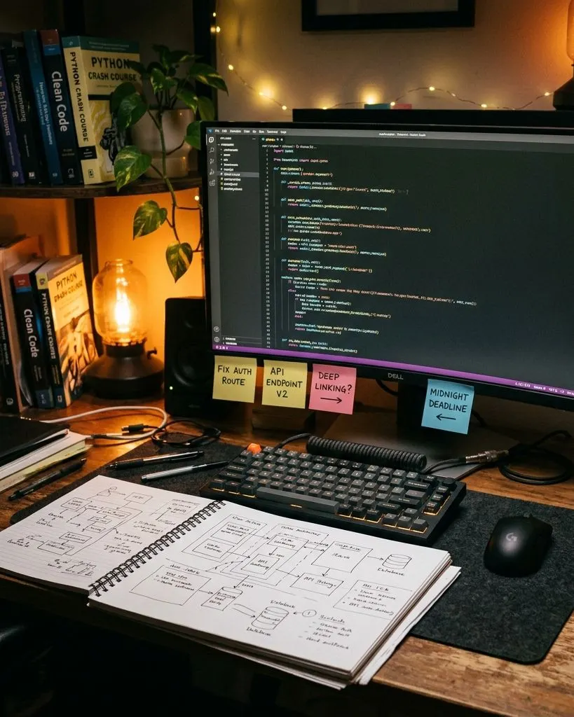 A messy desk at night with a glowing code editor and hand-drawn architecture diagrams
